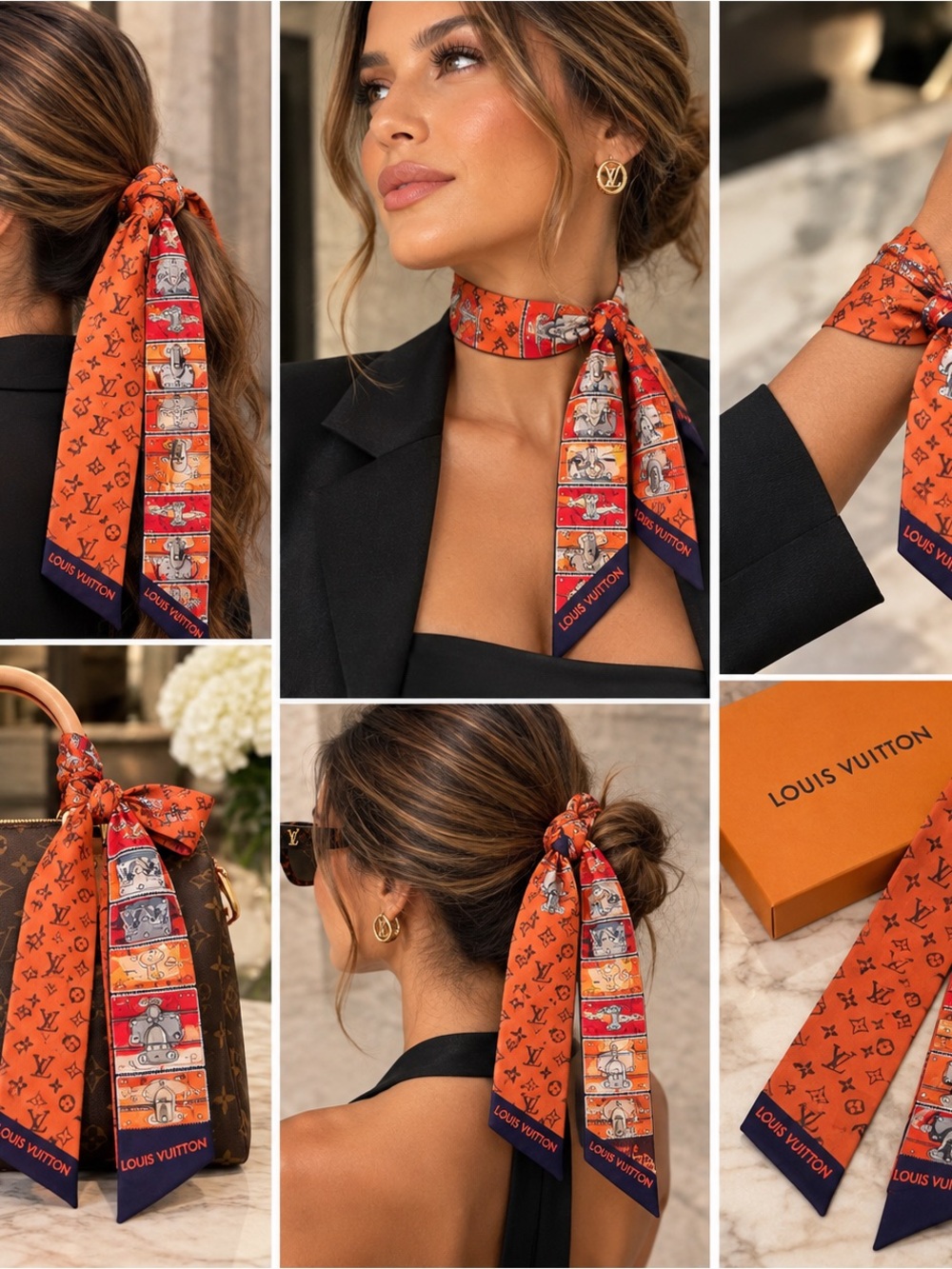 Orange Monogram Silk Twilly with Multicolor Trunk Print